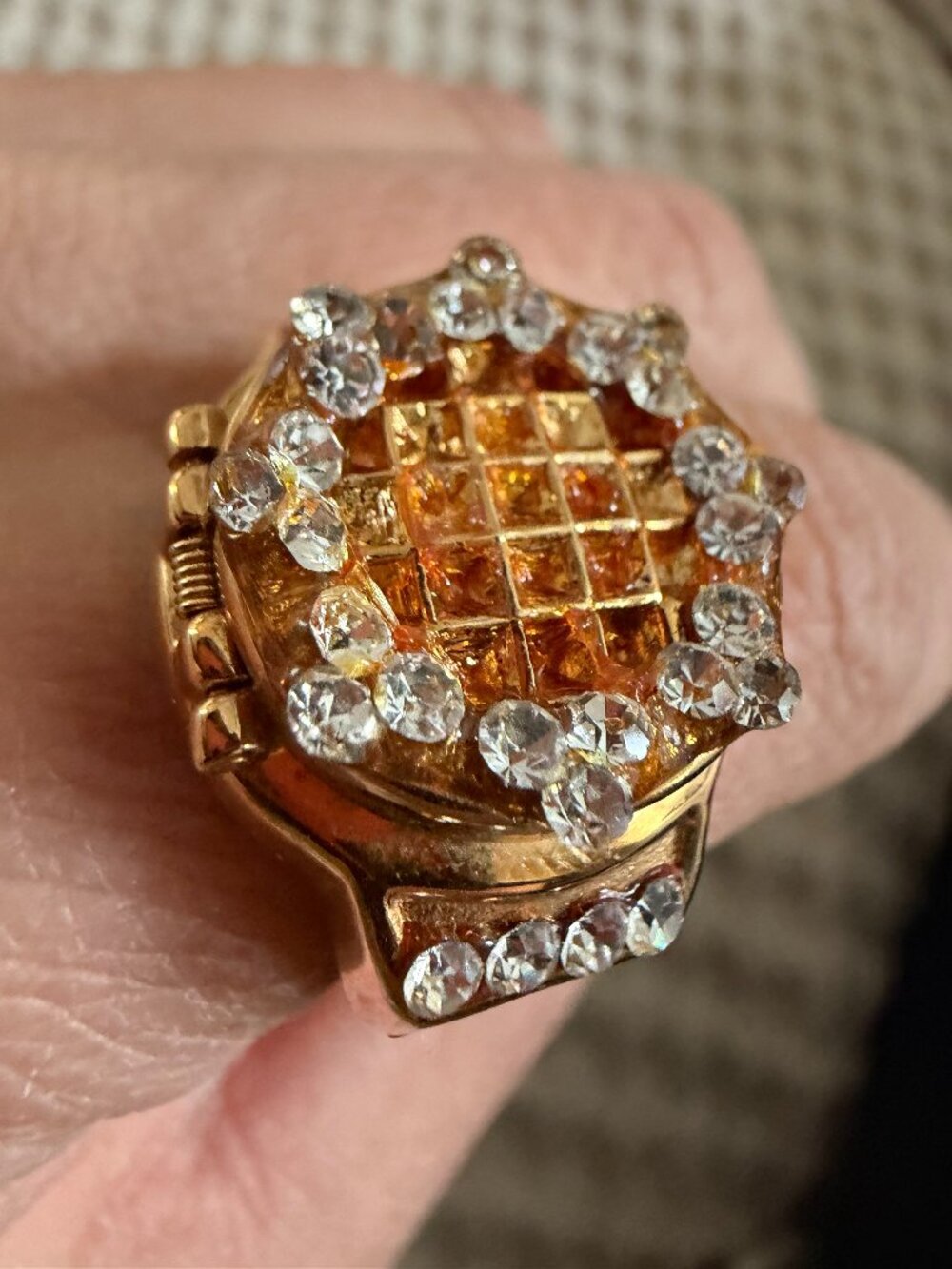 Vintage Rhinestone Flip Ring Watch Gold Tone Adjustable Stretch Band